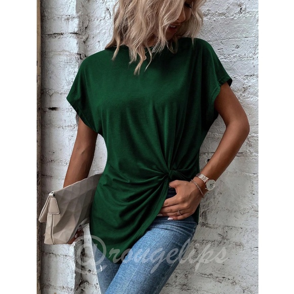 Twist Detail Green Tee Shirt Short Sleeve Round Neck - Picture 6 of 13